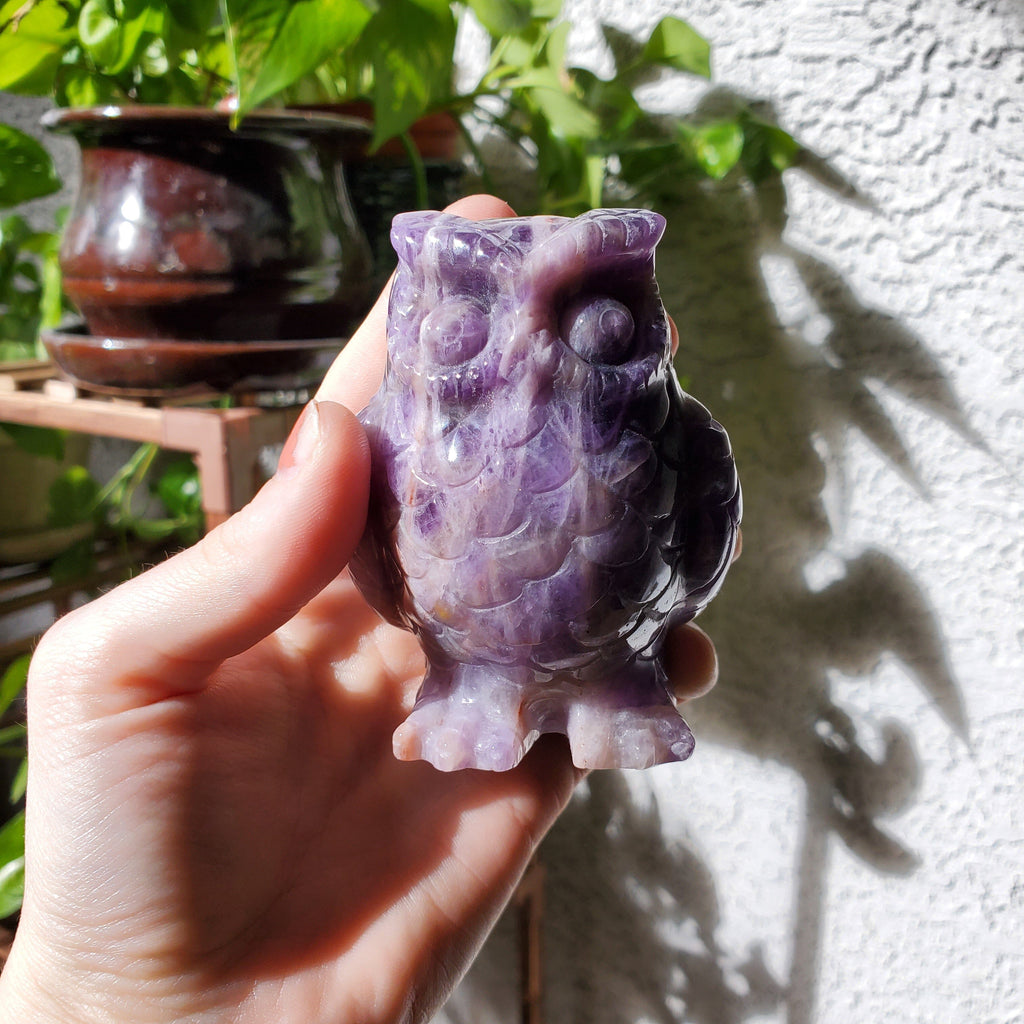 Amethyst Carved Owl Figure Healing Stones Copper Bug Jewelry
