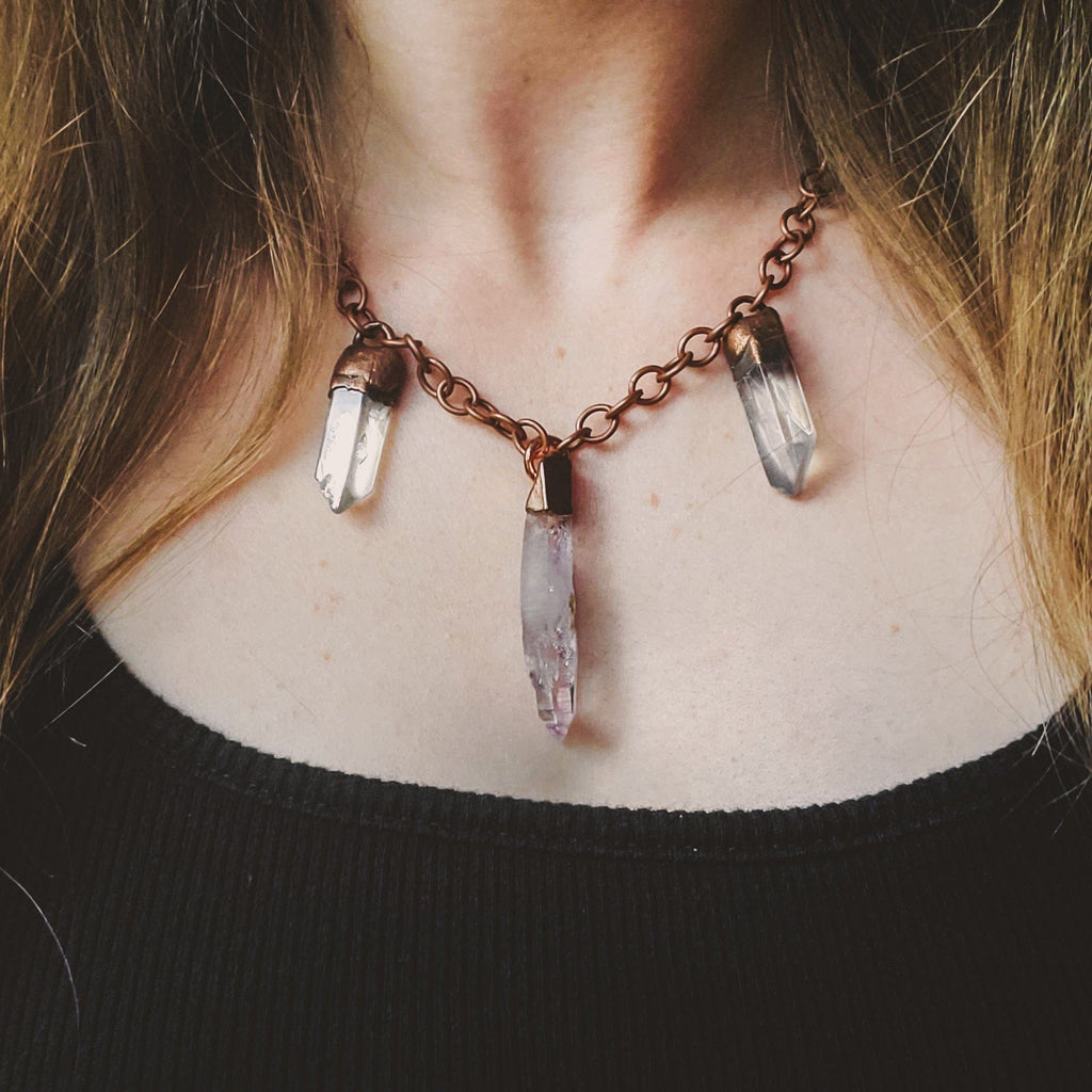 Angel Aura Quartz and Vera Cruz Amethyst Point Electroformed Copper Necklace Crystal Necklace Copper Bug Jewelry