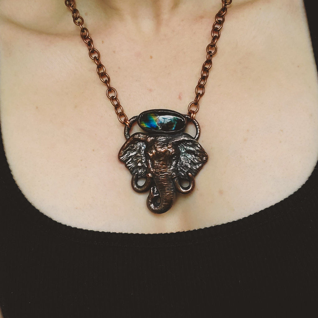 Elephant Spirit - Blue Orange and Silver Labradorite Electroformed Copper Statement Necklace Crystal Necklace Copper Bug Jewelry