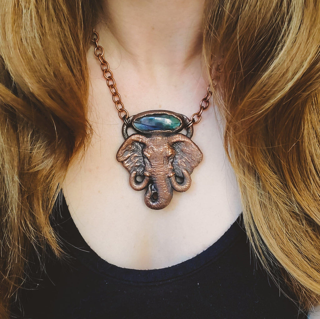 Elephant Spirit - Purple Labradorite Electroformed Copper Statement Necklace Crystal Necklace Copper Bug Jewelry