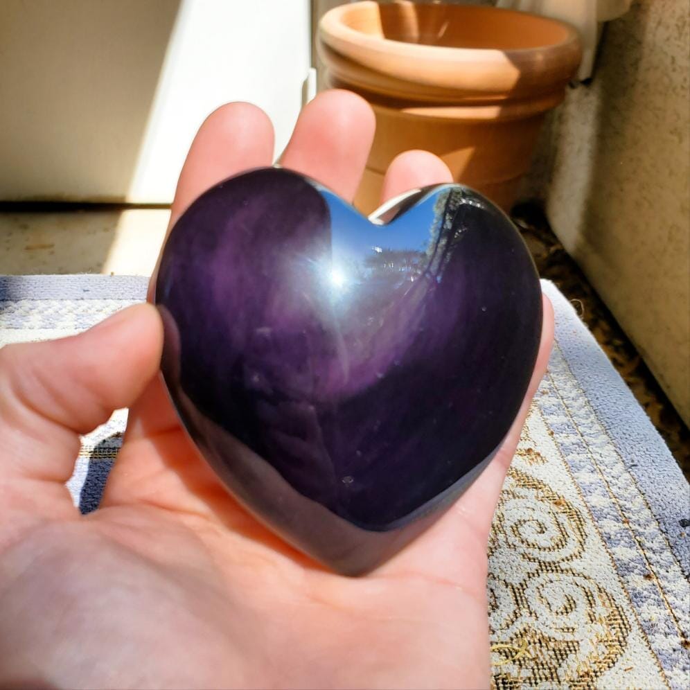 Large Purple Mexican Rainbow Obsidian Carved Heart Healing Stones Copper Bug Jewelry