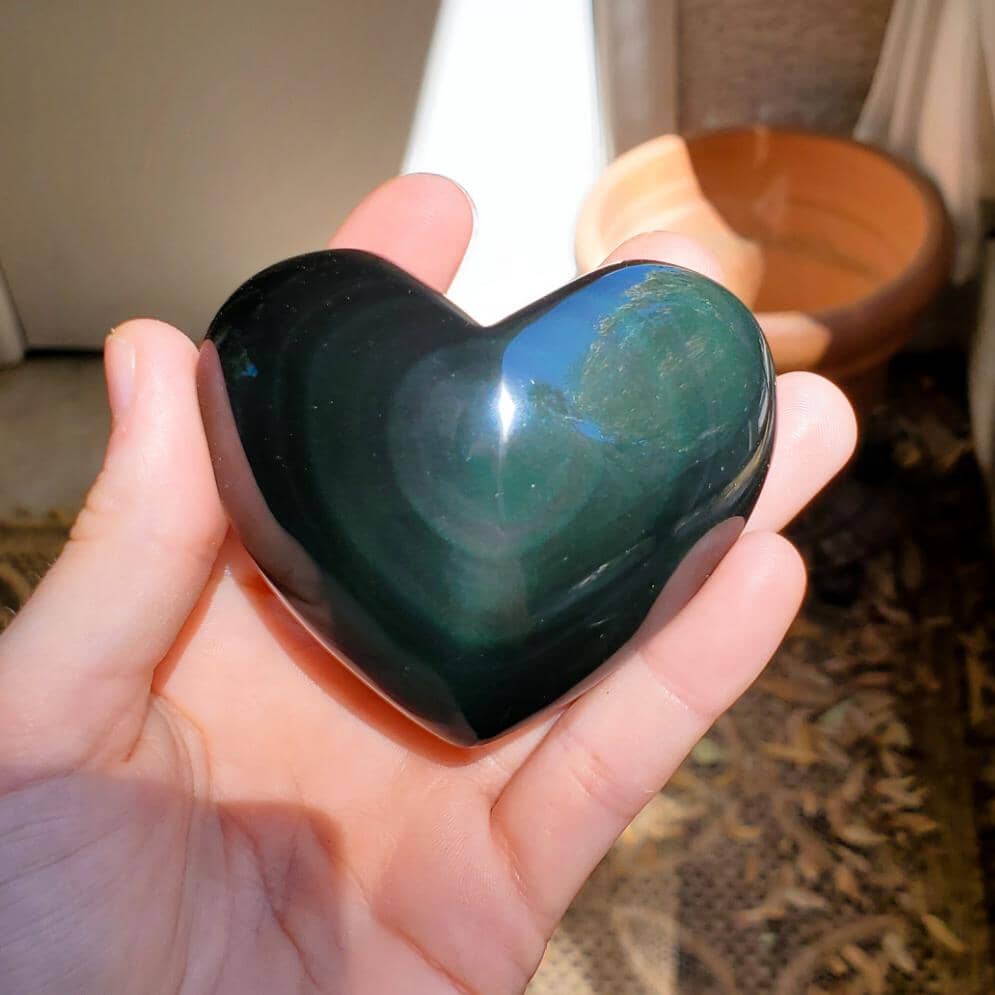 Medium Green and Purple Mexican Rainbow Obsidian Carved Heart Healing Stones Copper Bug Jewelry