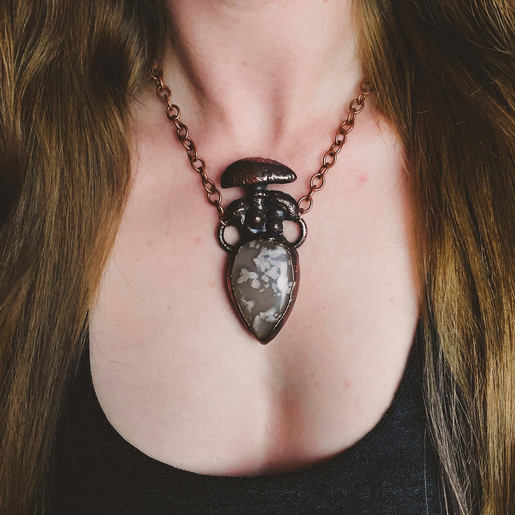 Mushrooms and Flower Agate Electroformed Copper Necklace Crystal Necklace Copper Bug Jewelry