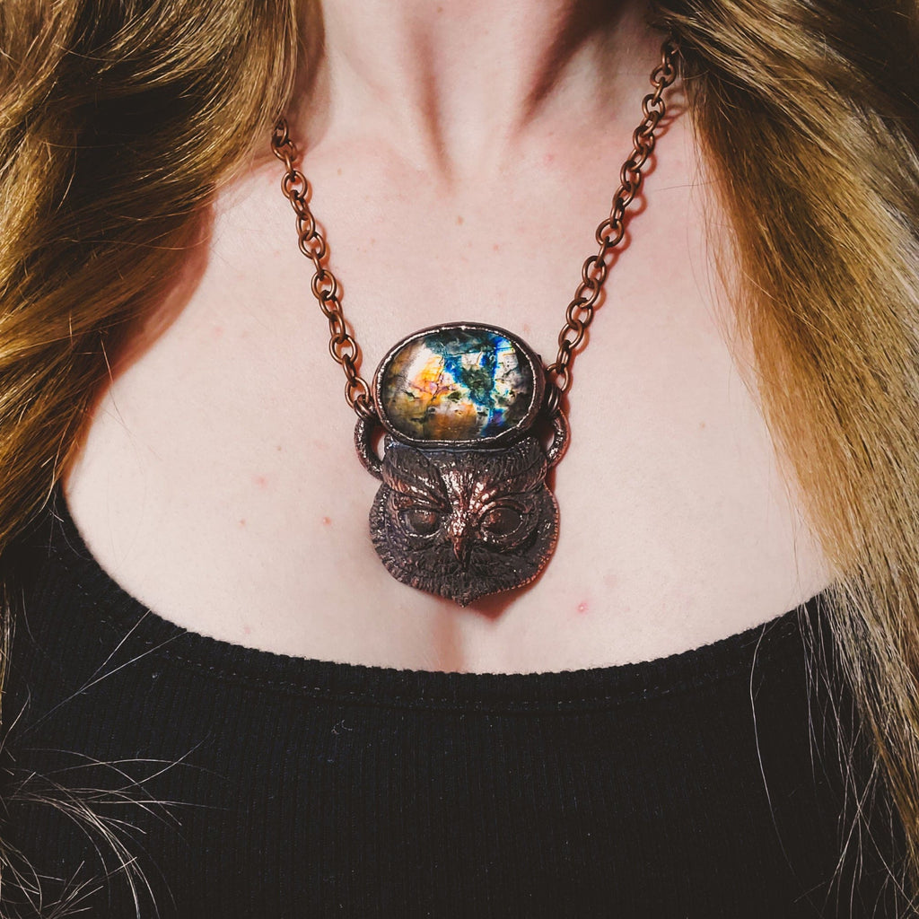 Owl Spirit - Flashy Orange and Blue Labradorite Electroformed Copper Necklace Crystal Necklace Copper Bug Jewelry