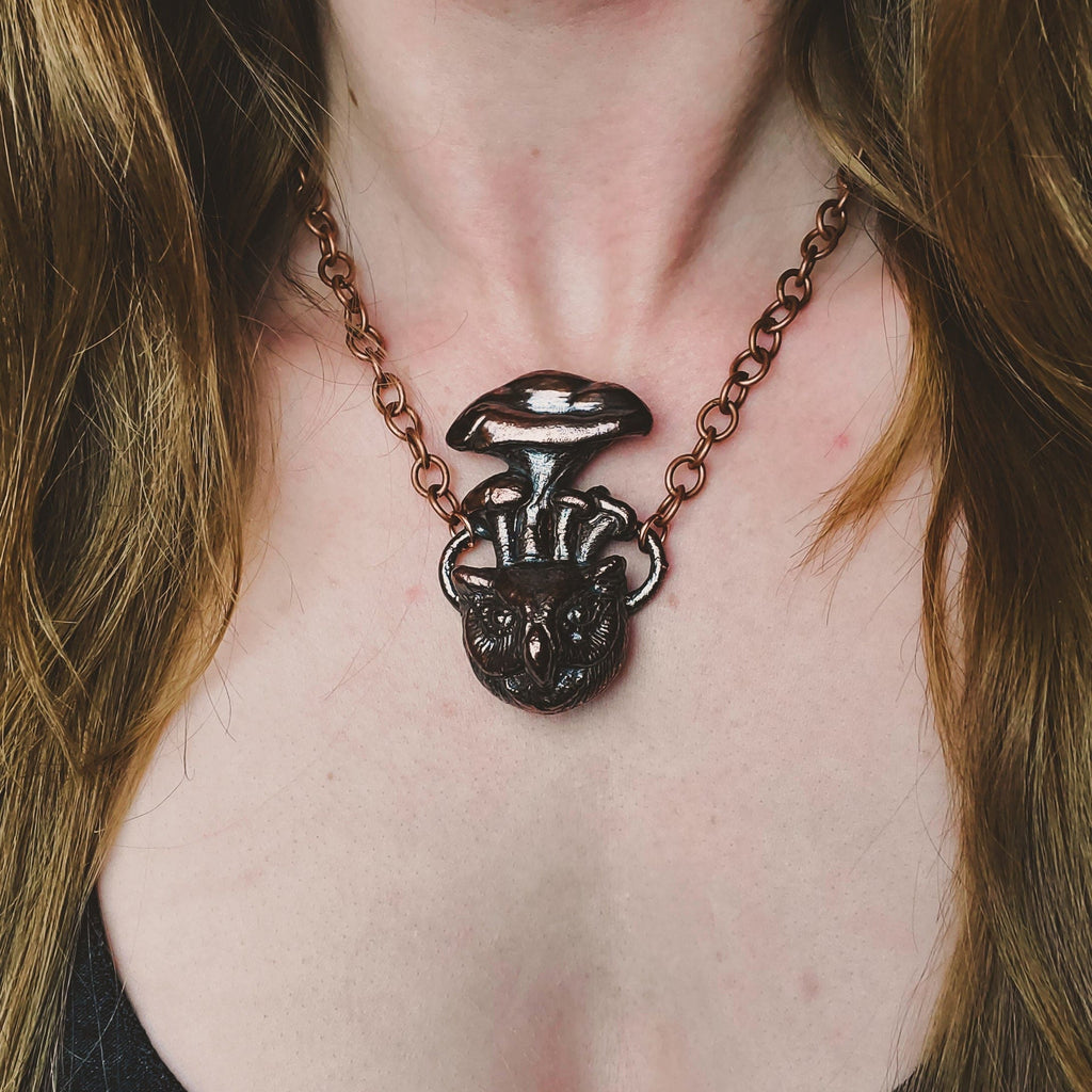 Owl Spirit - Funghi Owl Electroformed Copper Necklace Crystal Necklace Copper Bug Jewelry