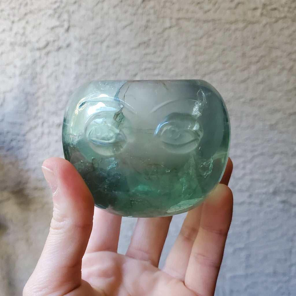 Rainbow Fluorite Carved Bowl with Eyes Home Decor Copper Bug Jewelry
