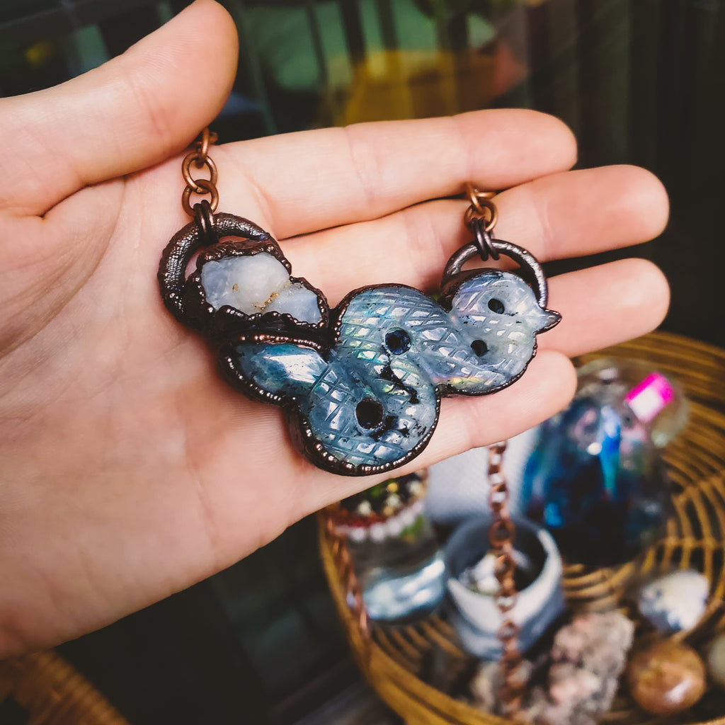 Rainbow Labradorite Serpent and Arizona Quartz Electroformed Copper Necklace Crystal Necklace Copper Bug Jewelry