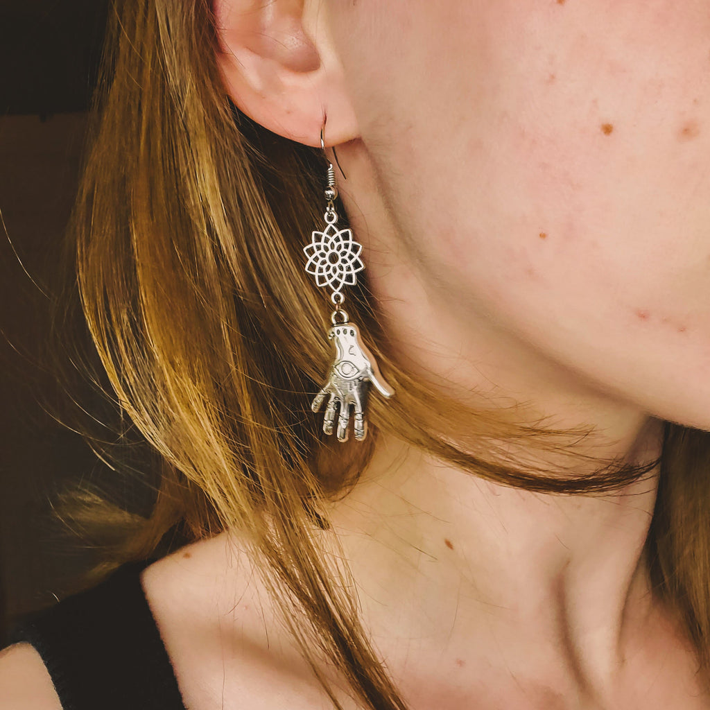 Silver Mandala and Astrological Hands Dangling Earrings Earrings Copper Bug Jewelry