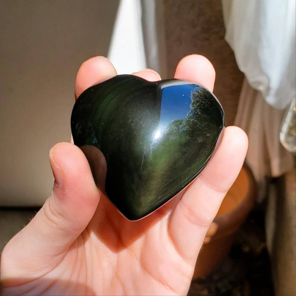Small Green and Purple Mexican Rainbow Obsidian Carved Heart Healing Stones Copper Bug Jewelry