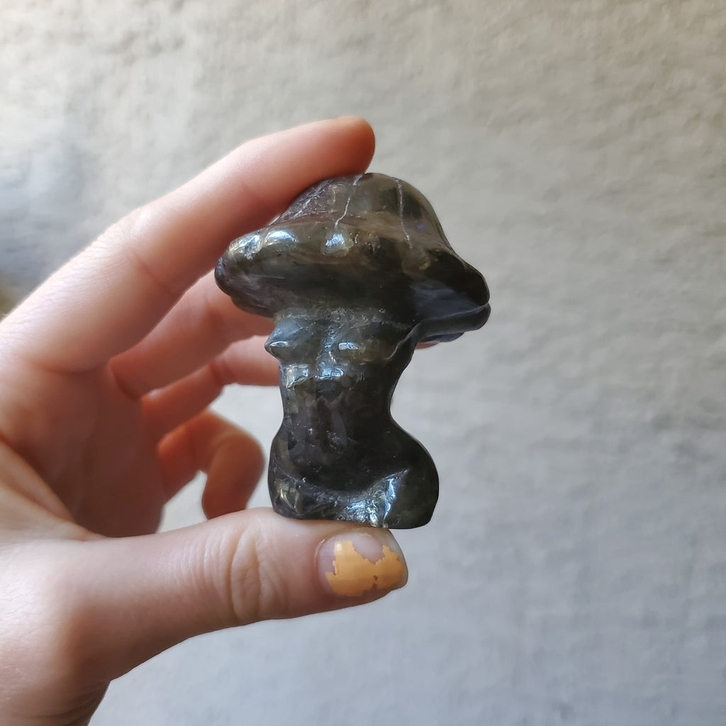 Small Labradorite Carved Mushroom Goddess Figure Healing Stones Copper Bug Jewelry