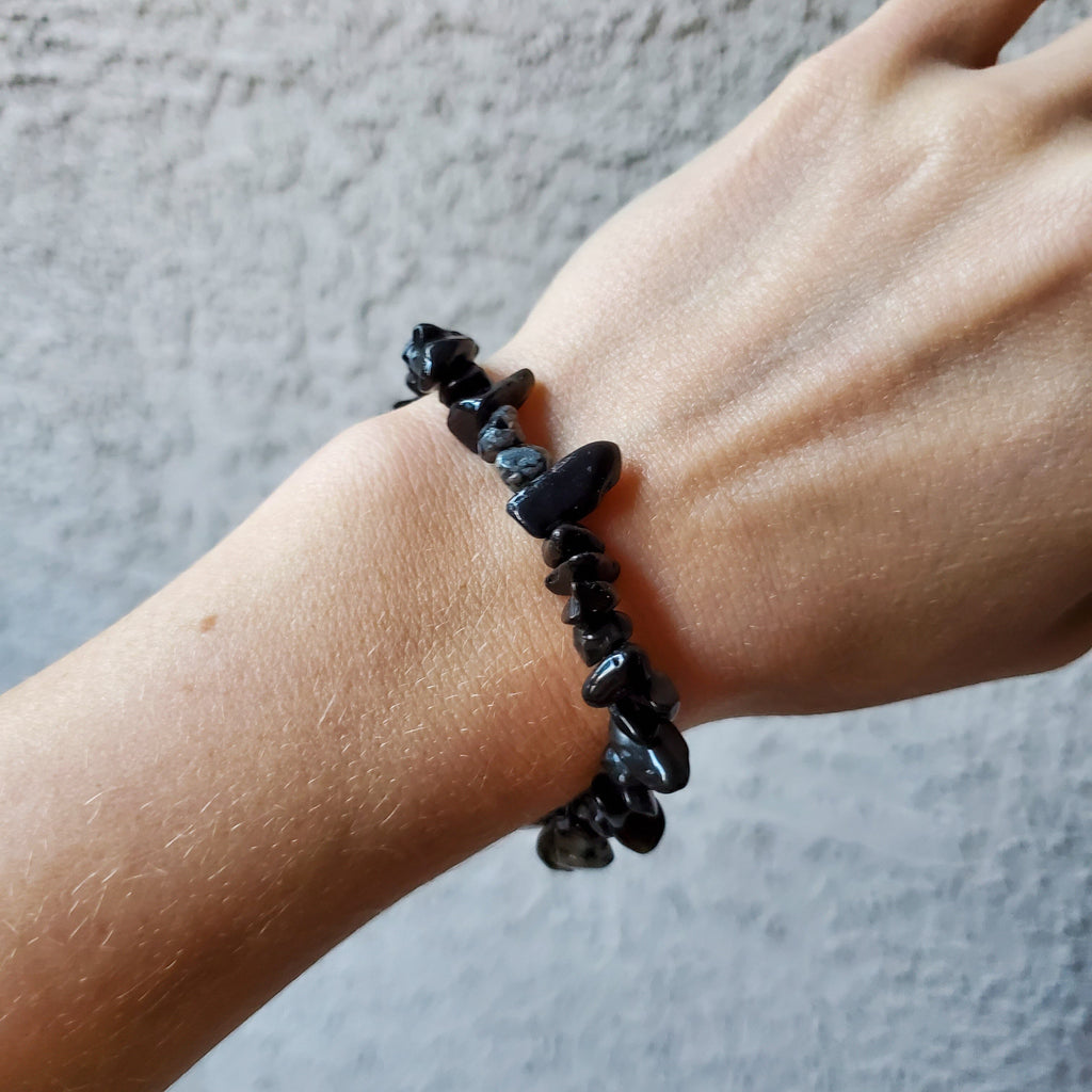 Black and Snowflake Obsidian Stone Chip Stretch Bracelets - Intuitively Chosen Bracelet Copper Bug Jewelry