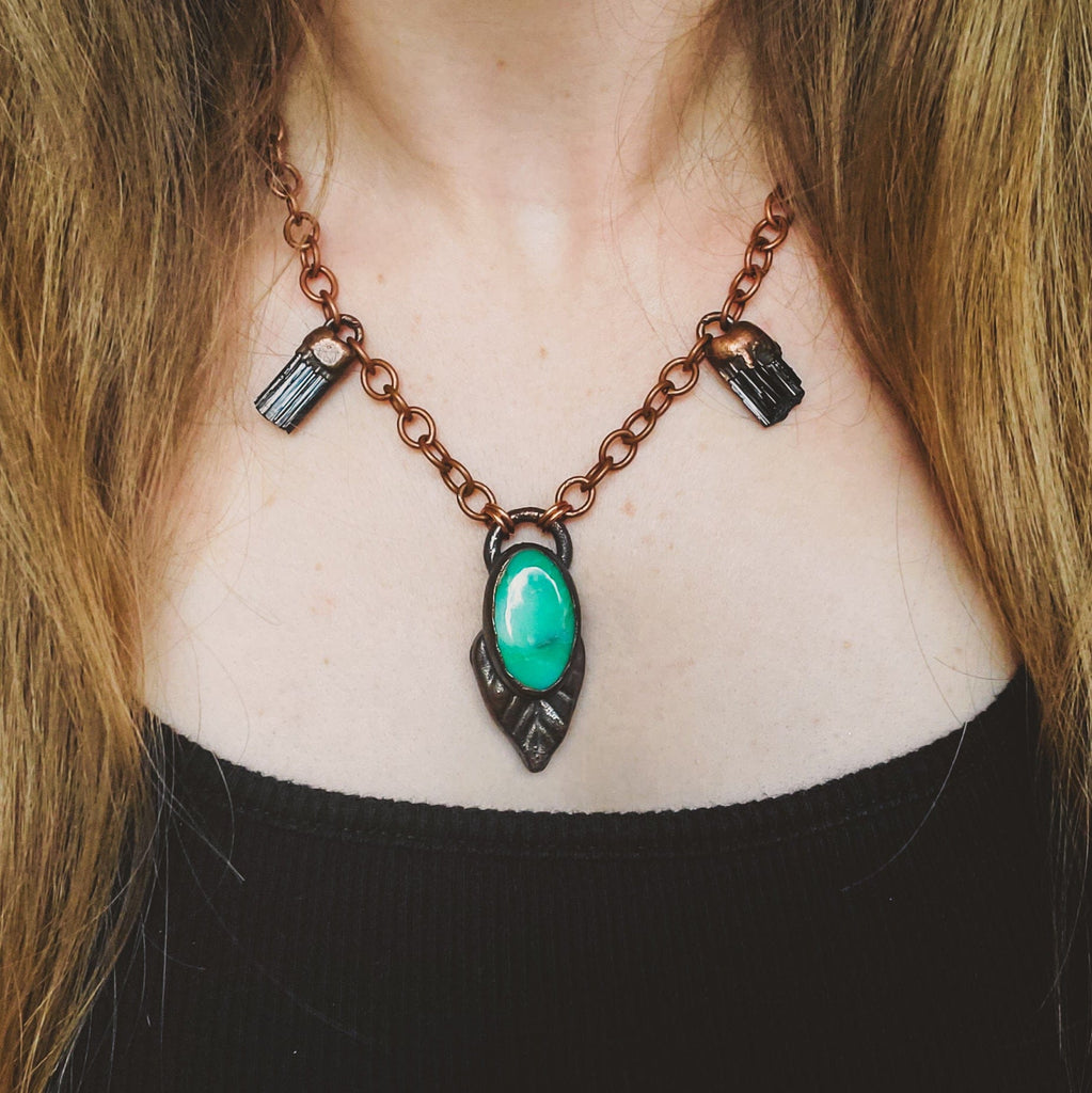 Chrysoprase Leaf and Black Tourmaline Electroformed Copper Necklace Crystal Necklace Copper Bug Jewelry
