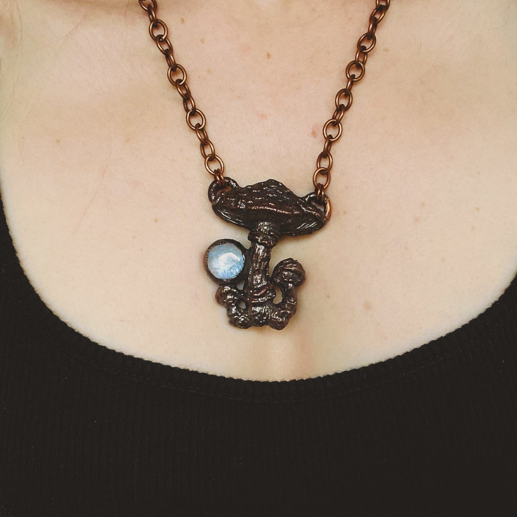 Discounted - Mushrooms and the Moon - Fly Argaric Mushrooms and Moonstone Electroformed Copper Necklace Crystal Necklace Copper Bug Jewelry