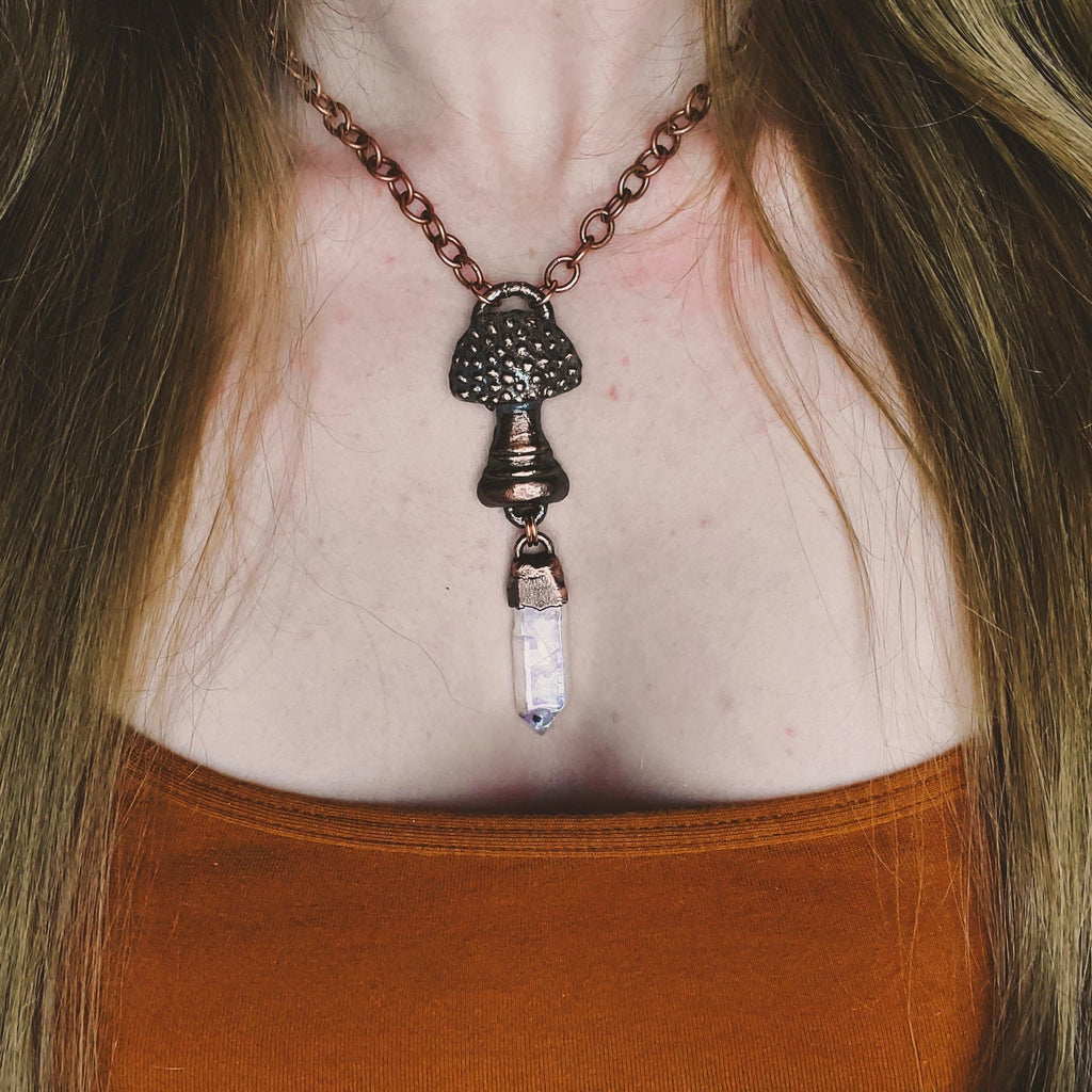 Fly Argaric and Aura Quartz Electroformed Copper Necklace Crystal Necklace Copper Bug Jewelry