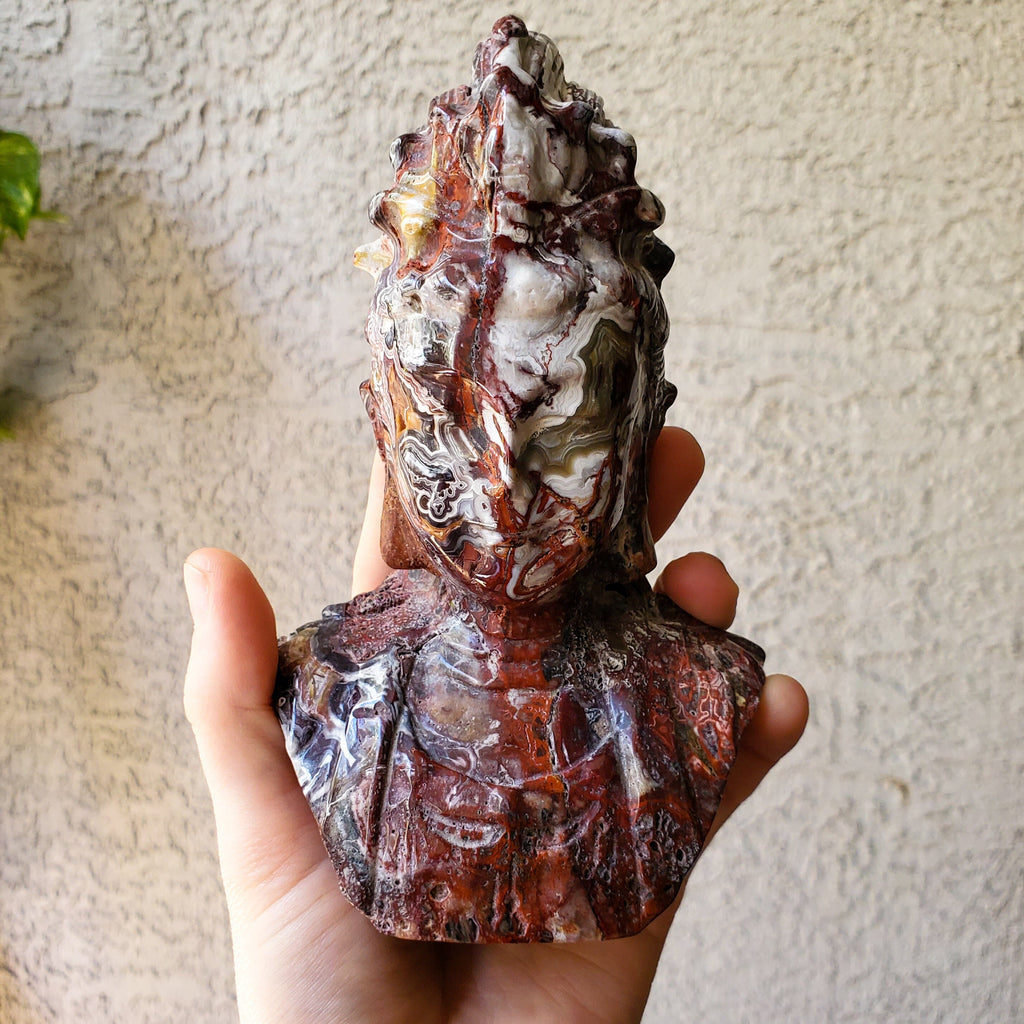 Huge Mexican Crazy Lace Agate Buddha Bust Figure Healing Stones Copper Bug Jewelry