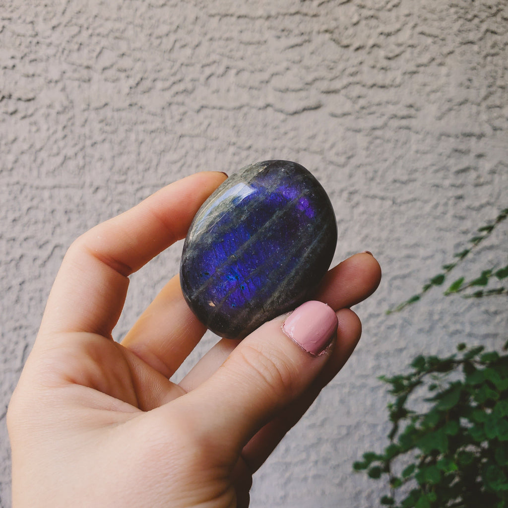 Indigo Blue and Purple Flash Labradorite Palmstone Healing Stones Copper Bug Jewelry