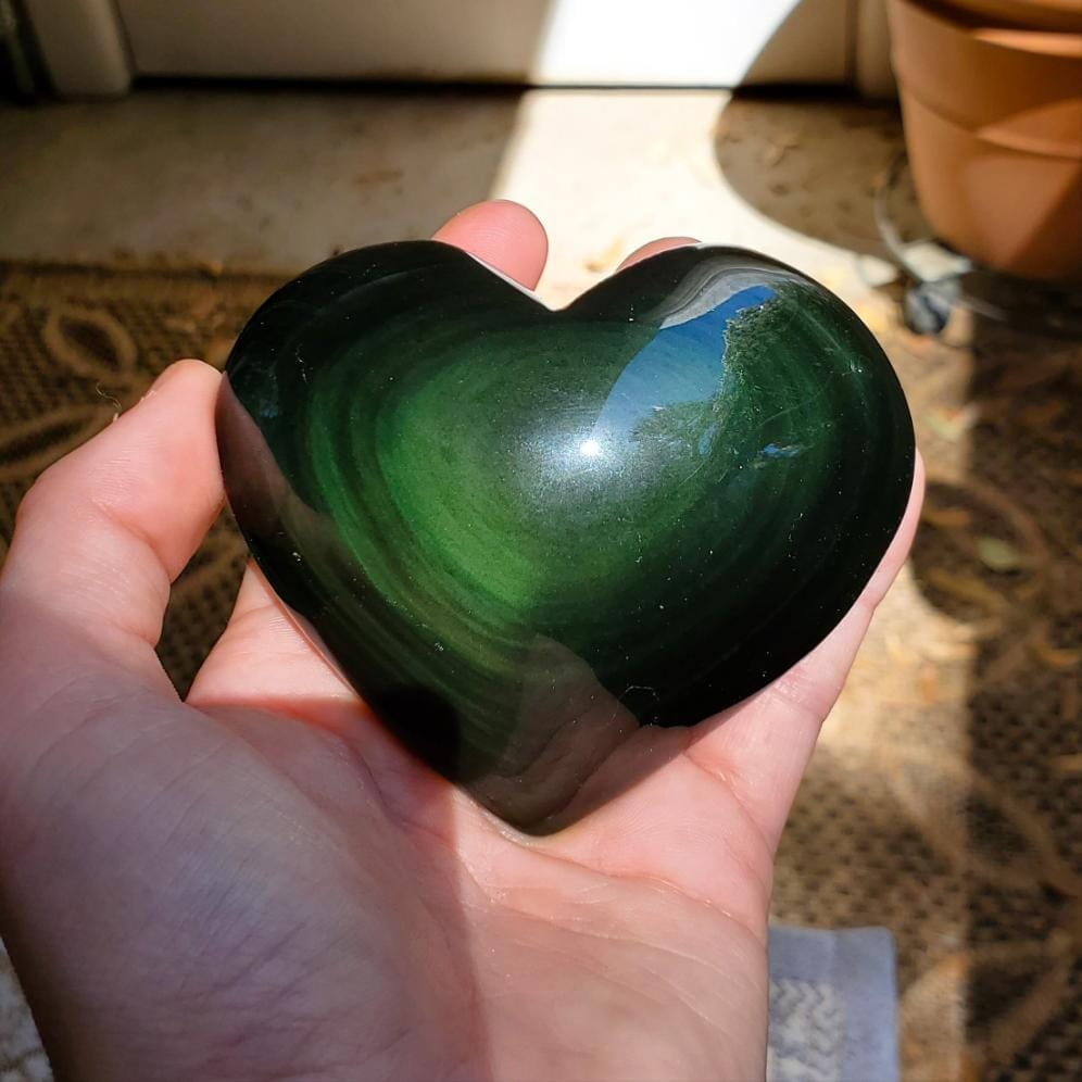 Large Green Mexican Rainbow Obsidian Carved Heart Healing Stones Copper Bug Jewelry