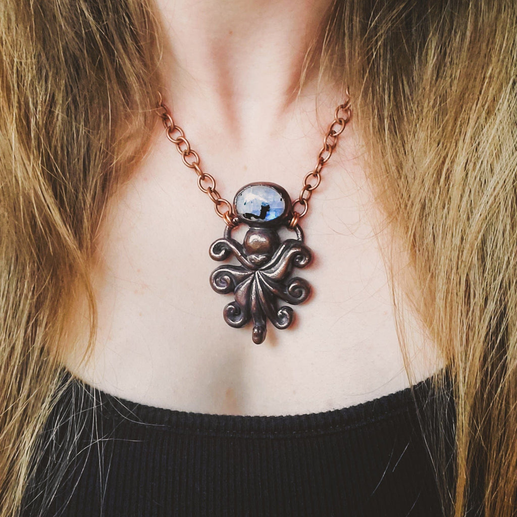 Octopus Spirit - Rainbow Moonstone and Black Tourmaline Electroformed Copper Necklace Crystal Necklace Copper Bug Jewelry