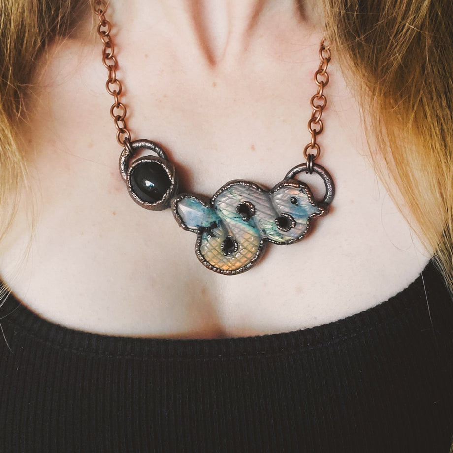 Eve - Orange and Pink Labradorite Serpent and Rainbow Obsidian  Electroformed Copper Necklace