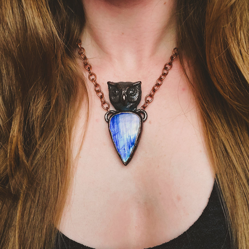 Owl Spirit - Flashy Blue Labradorite Electroformed Copper Necklace Crystal Necklace Copper Bug Jewelry
