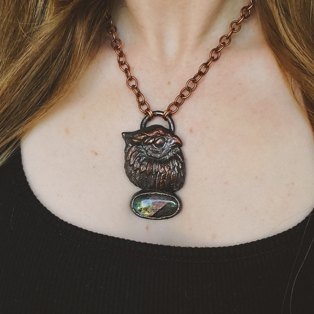 Owl Spirit - Purple and Blue Flash Labradorite Electroformed Copper Necklace Crystal Necklace Copper Bug Jewelry