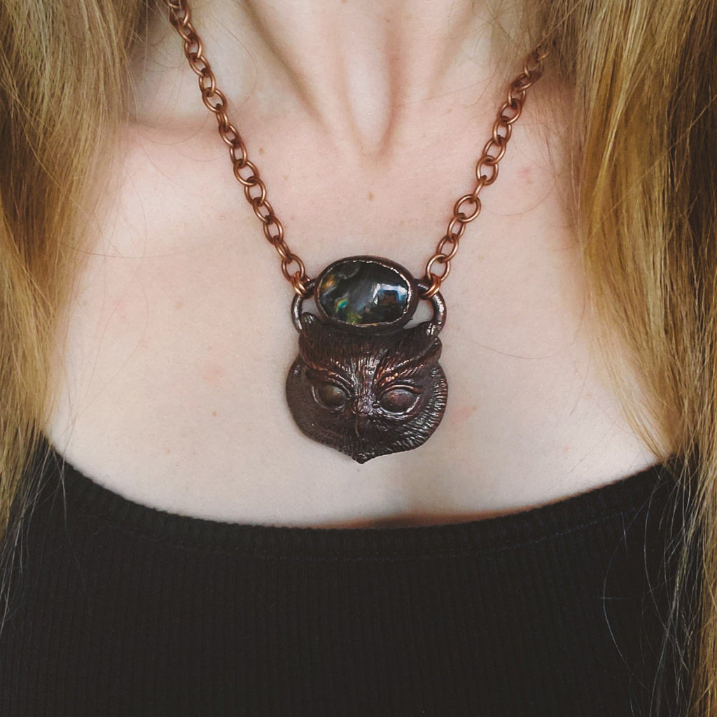 Owl Spirit - Purple Labradorite Electroformed Copper Necklace Crystal Necklace Copper Bug Jewelry