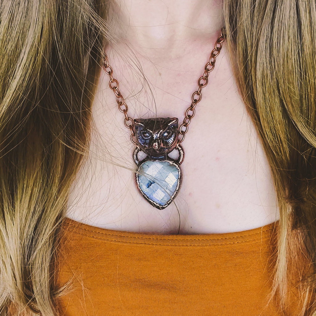 Owl Spirit - Rose Cut Rainbow Moonstone Electroformed Copper Necklace Crystal Necklace Copper Bug Jewelry