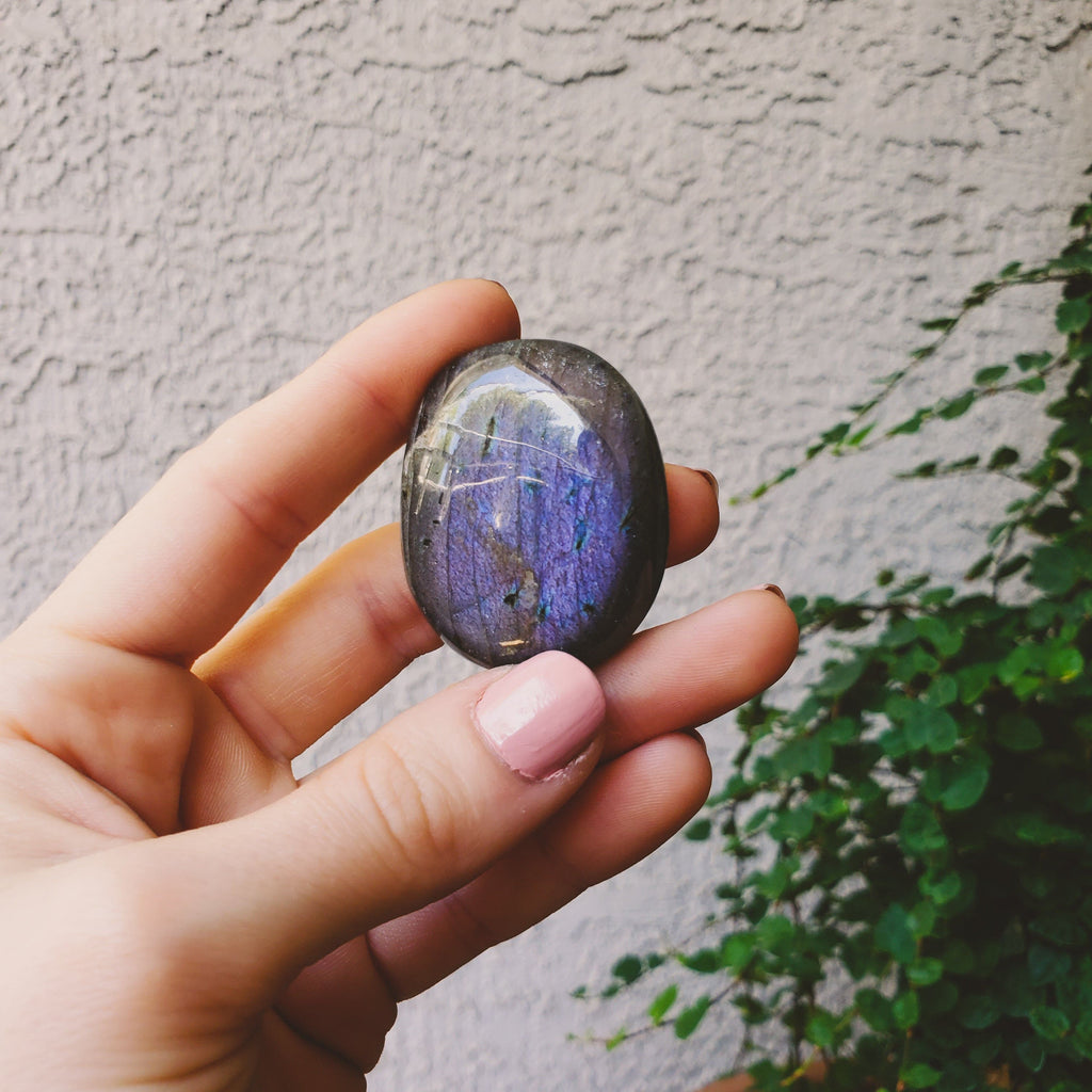 Purple and Blue Flash Labradorite Palmstone Healing Stones Copper Bug Jewelry
