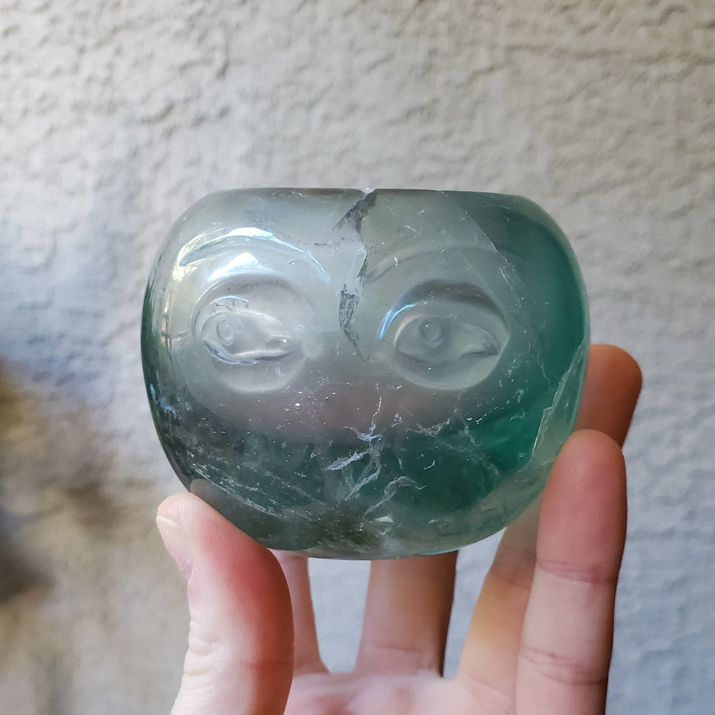 Rainbow Fluorite Carved Bowl with Eyes Home Decor Copper Bug Jewelry