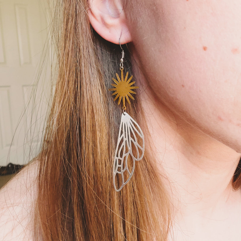 The Sun and the Skies Winged Dangly Earrings Earrings Copper Bug Jewelry